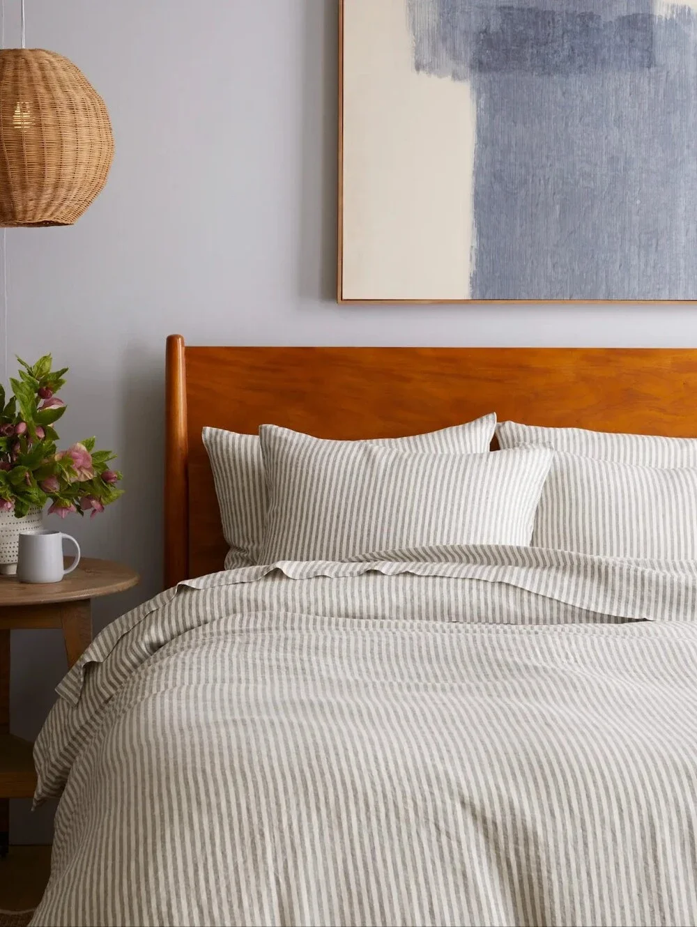Quince Striped European Linen Duvet 3pc Set in Light Gray & White Full/queen NWT